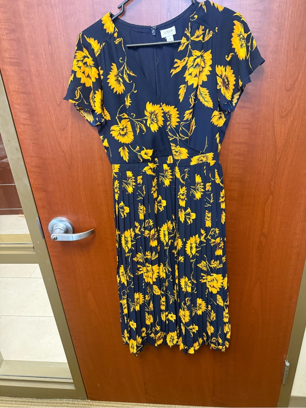J. Crew Navy Dress with Yellow Floral Pleats